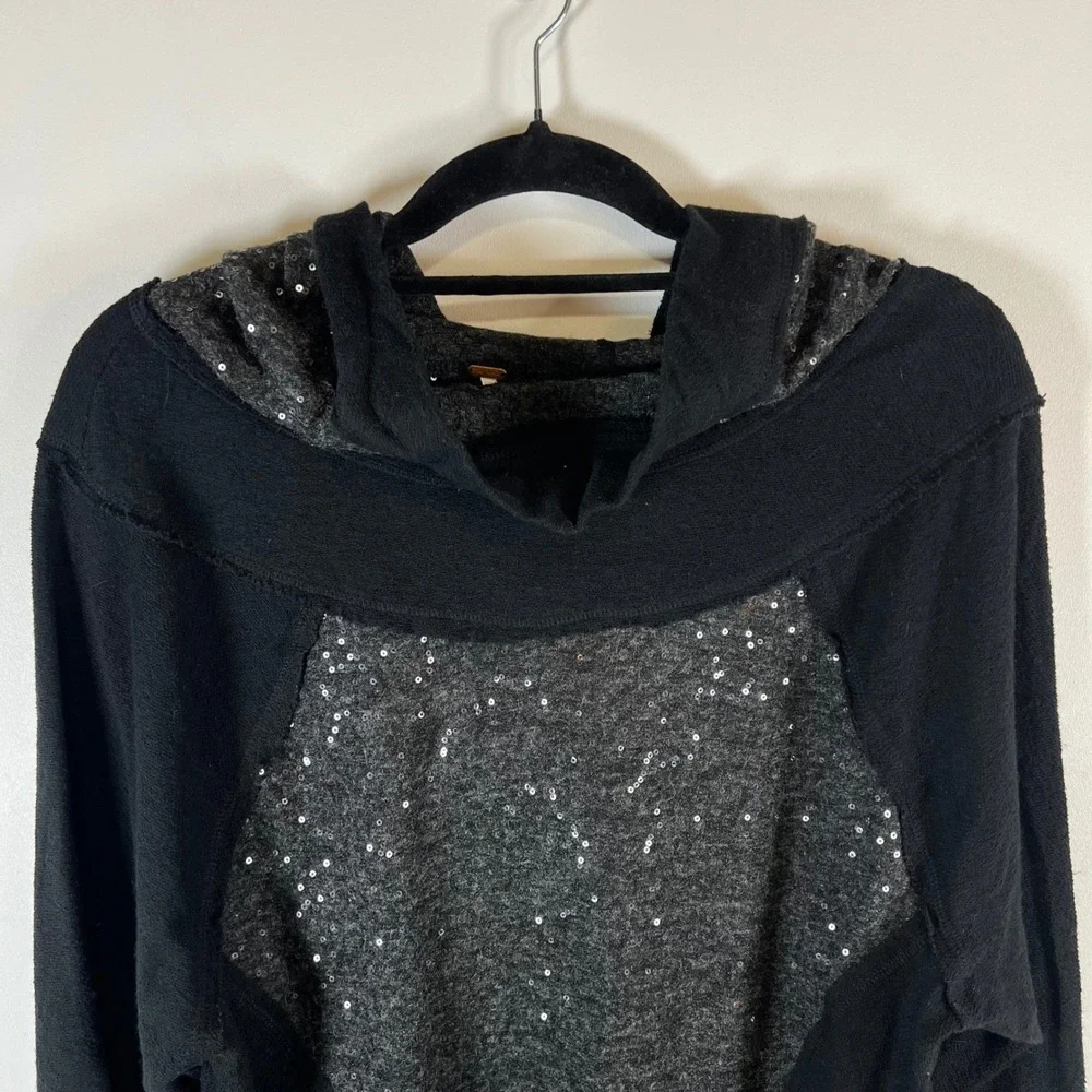 Free People Sequin Mixed Media Hoodie Black Charcoal Grey‎ Pullover Small boho